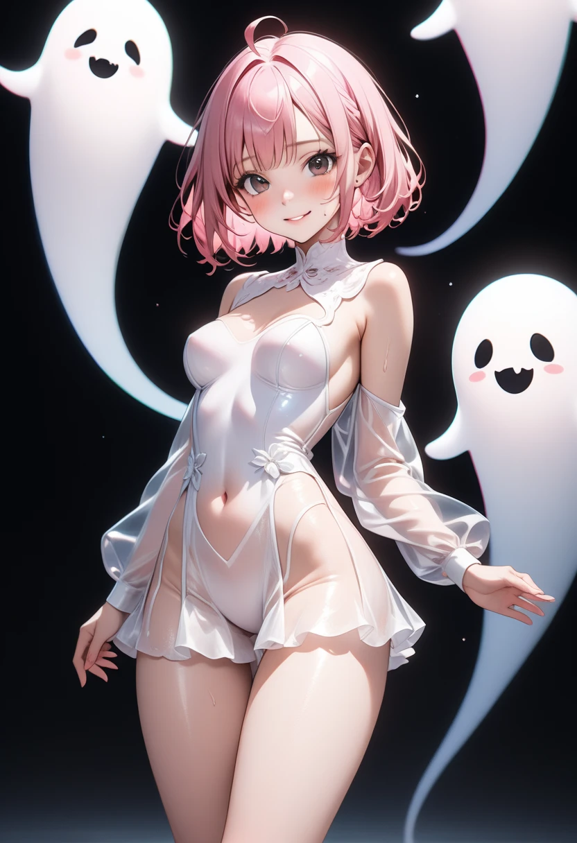 ((Ghost Costume)), skindentation, skinny, alone, solo, 1 woman, Masterpiece, highest quality, highest quality, 16K, incredibly absurd, highly detailed, 2.5D, ai-generated, delicate and dynamic, very delicate facial expressions, delicate eye depiction, erotic, only sexy woman, ((A cute and kind face)), healthy figure, ((1 woman)), 160cm tall, ((medium firm swaying bust)), medium breasts, (short hair), (pink hair:1.5), bob cut, black eye, blush, Sweat,Embarrassed,sexy, ((thin thighs)), (camel toe:0.7), (visible nipples:0.5), (Erect nipples,:0.7), shiny and lustrous, facing straight at viewer,  smile, ((Oily_skin)), dark skin, ((standing)), ((arm at side)),