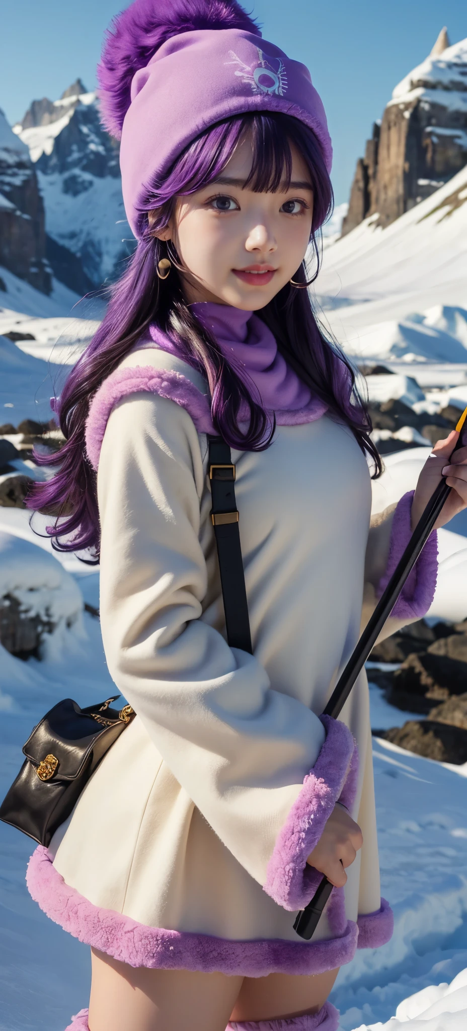 smile.(dqPOM,boots. fur hat, purple hair,robe.upperbody. mink fur coat, ((holding staff) )、standing fullbody、detailed face, cute face , best quality , bangs ,smallhead:1.3.big clear eyes, very beautiful light eye highlights, earrings, best quality. viewer, slight,masterpiece, best quality:1.4 、8k, raw photo, photo realistic:1.2、 attractions ,detailed, 16 K , Film type light, Snowfield、 snowy mountains.Fantasy art