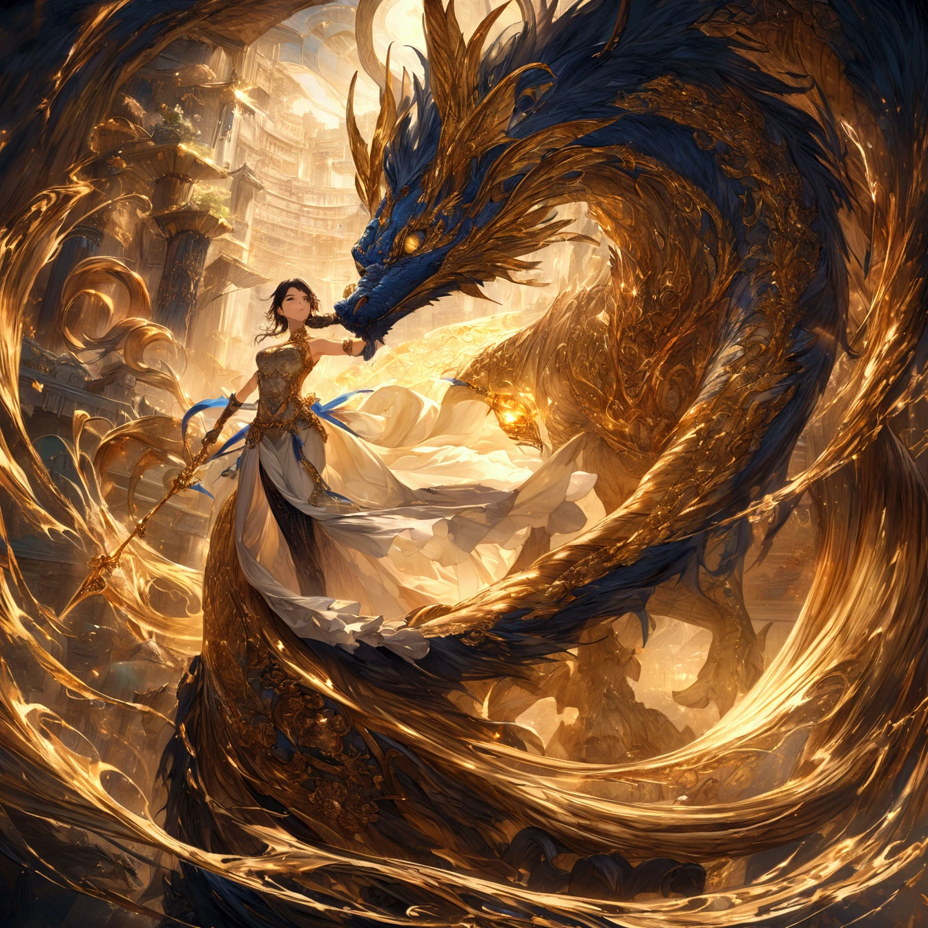 So sublime and divine々A beautiful golden dragon floats in the center of the screen.。The surrounding area is a canyon where no one can get close, and lightning is flashing in the background.、The sun is shining brightly