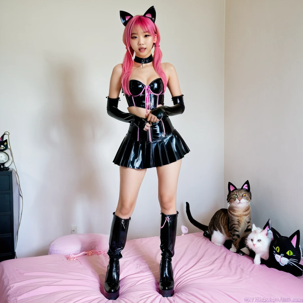  Asian slim **** solo with pink hair, straight hair, slim model, Latex underbust corset 
,   Latex pleated skirt ,  Latex sleeve warmer ,  knee-high latex boots , Cat ears,  small breasts,  ,  bare breasts , Breasts visible, standing  
 , bedroom, sextoy, rope in hand
