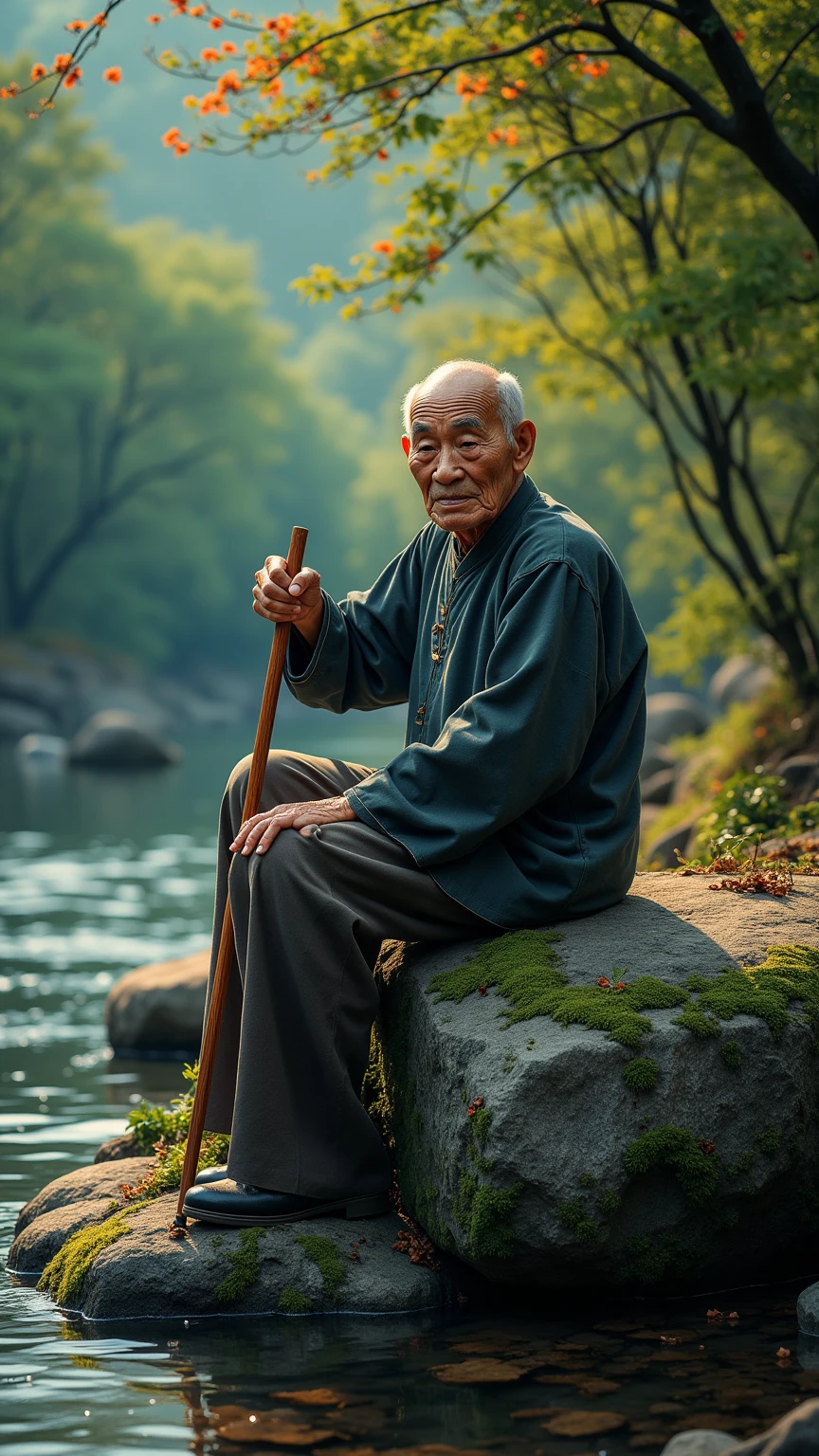 (masterpiece:1.2, top quality ,real photo), ,(medibal chinese old man use a cane :1.2) ,Sitting on a large rock on the bank of a river,,,8k resolution,,break,(perfectly focused :1.3),,(, colorful ,:1),,( depth of field ), ,spot lighting from above