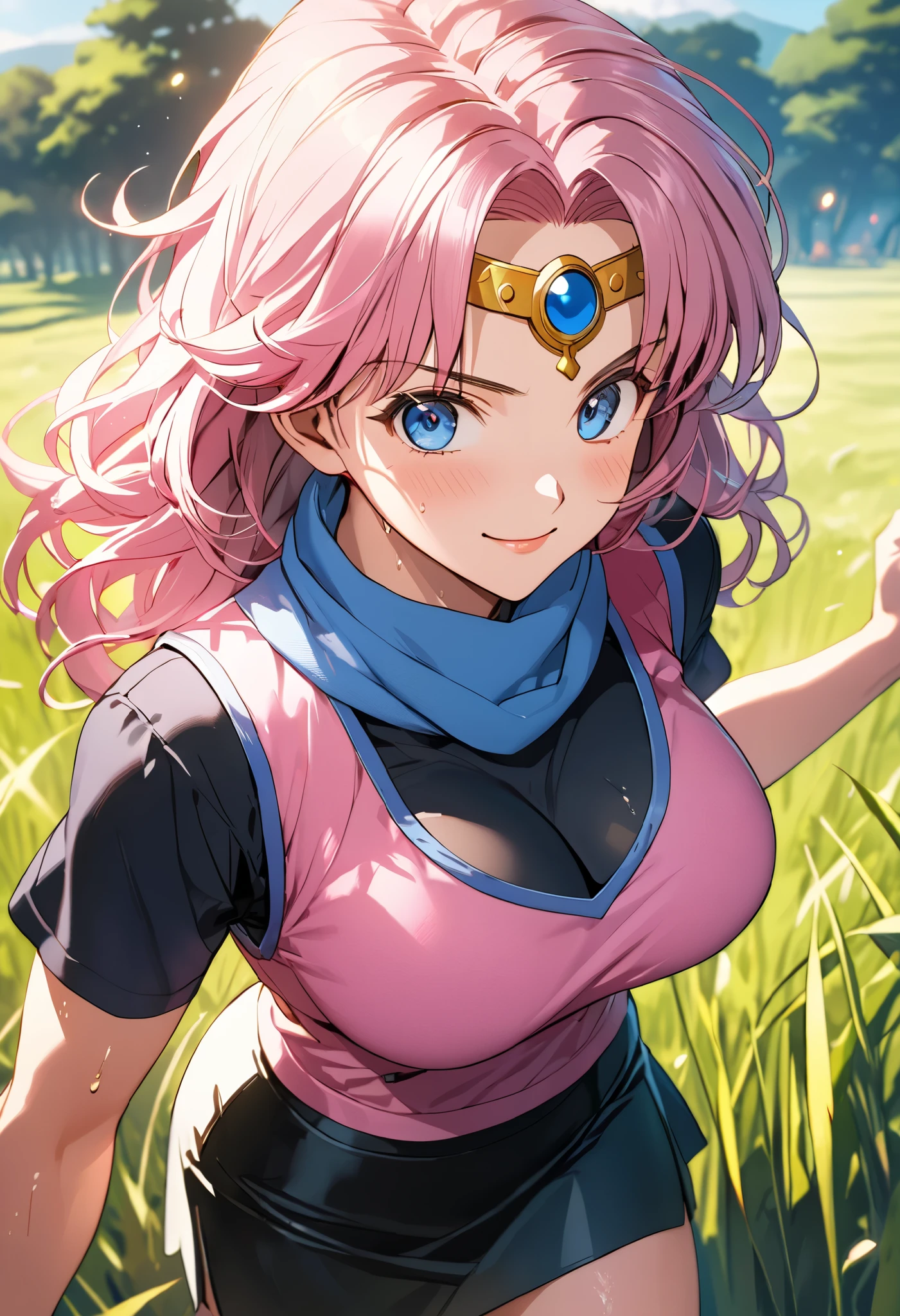 masterpiece, Best Quality, High resolution,16k,official art,super detailed skin,detailed,animated painting, (Maam of dragonquest:1.3),1990s \(style\),(pink vest,blue muffler,black inner shirt,black mini skirt:1.3)、(E-cup beautiful breasts)、clevage, (tall:1.2),height: 170cm,Fashion model body type、Sweating all over the body、vapor、(Muscular:1.2)、1girl,solo,(sexy),nsfw,Sweaty、Configuration from the front,cool face,light smile,Anime-style painting style,pink hair,short wavy hair,circlet,Close up on full body,Cinematic lighting,Superfine,in the grassland,morning,(sexy),extreme closeup,blue eyes