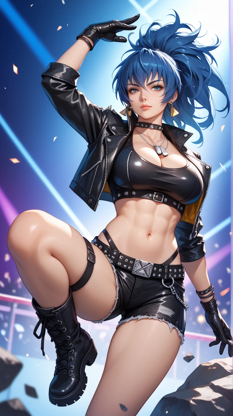 1 girl, solo, long_hair, bangs_between_the_eyes black_hair_with_strands_rainbow bi_color_ rainbow_neon eyes, sexy_face, cyberpunk_clothes, short_jacket, navel appears, short_skirt, scarred_legs, left_arm_band, tattoo_above_navel_background_of_abstract colorful popcyberpunk art, manga_style_image, big breast, face close up, shy smile face
