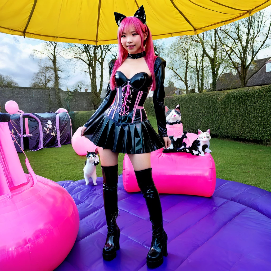  Asian slim teen solo with pink hair, straight hair, slim model, Latex underbust corset 
,   Latex pleated skirt ,  Latex sleeve warmer ,  knee-high latex boots , Cat ears,  small breasts,  ,  bare breasts , Breasts visible, standing  
 , Bouncy castle, sextoy, rope in hand, crazy 
