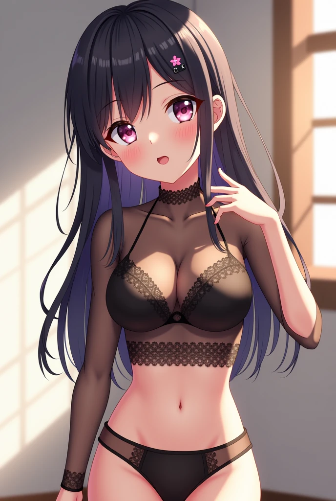 top-quality、Top image quality、​masterpiece、 girl((loose black pajamas、18year old、 Ager、Best Bust、big bast,Black eyes, Black hair、A slender,Large valleys、Clean and clean、床futon beddingの上にいる、Yawn、Raise your arms up)),hiquality、Beautiful Art、Background with((Nice and clean room.、futon bedding、animal stuffed、pink walls、Aroma diffuser))​masterpiece、depth of fields,Cinematic style