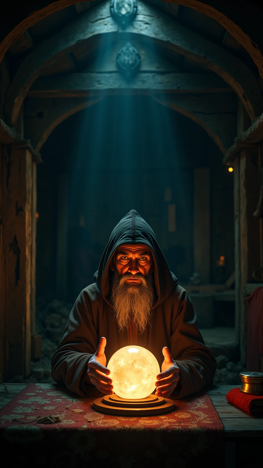 (masterpiece:1.2, top quality ,real photo), ,(medibalWestern fortune tellers use a crystal :1.2) ,Sitting in old hut in groomy atmosphere,,,8k resolution,,break,(perfectly focused :1.3),,(, colorful ,:1),,( depth of field ), ,delight spot lighting from above 