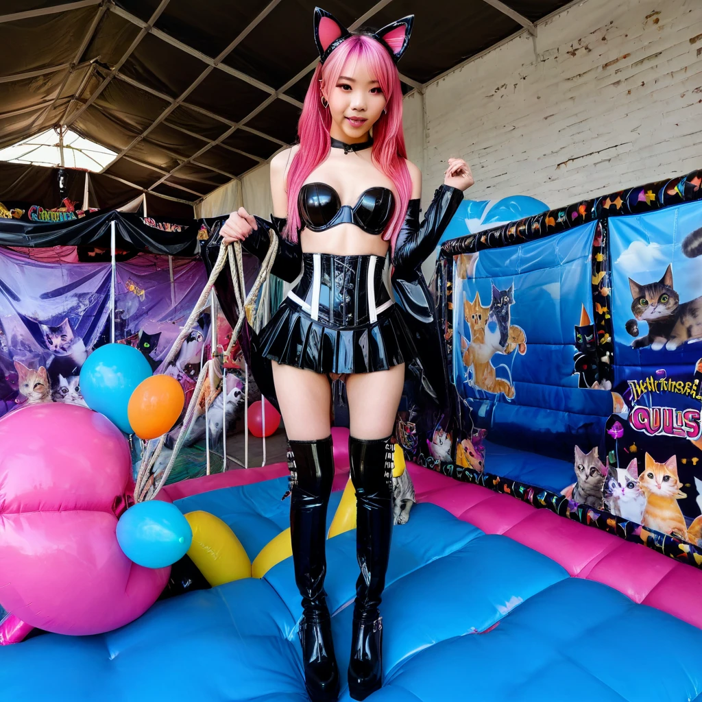  Asian slim teen solo with pink hair, straight hair, slim model, Latex underbust corset 
,   Latex pleated skirt ,  Latex sleeve warmer ,  knee-high latex boots , Cat ears,  small breasts,  ,  bare breasts , Breasts visible, standing  
 , Bouncy castle, sextoy, rope in hand, crazy 
