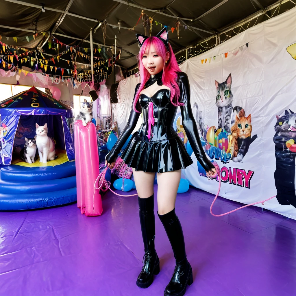  Asian slim teen solo with pink hair, straight hair, slim model, Latex underbust corset 
,   Latex pleated skirt ,  Latex sleeve warmer ,  knee-high latex boots , Cat ears,  small breasts,  ,  bare breasts , Breasts visible, standing  
 , Bouncy castle, sextoy, rope in hand, crazy 
