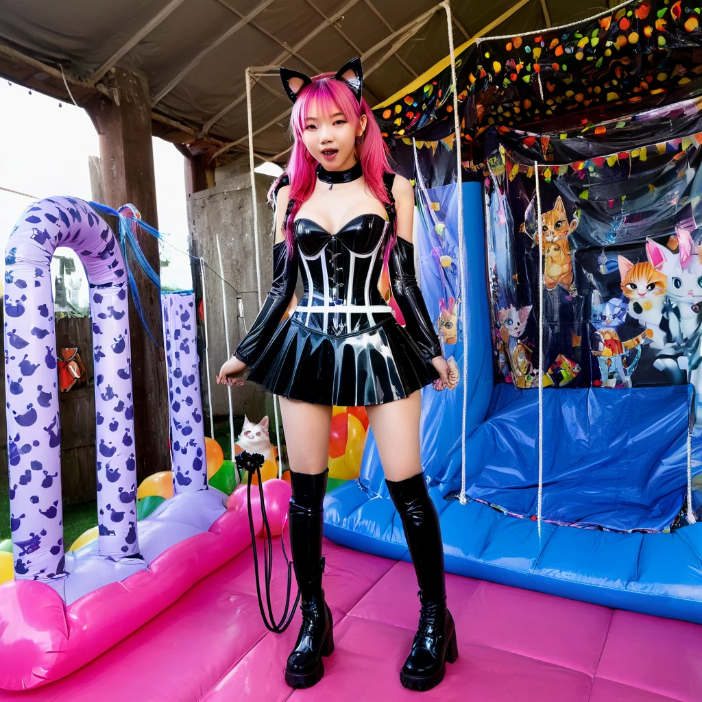  Asian slim  solo with pink hair, straight hair, slim model, Latex underbust corset 
,   Latex pleated skirt ,  Latex sleeve warmer ,  knee-high latex boots , Cat ears,  small breasts,  ,  bare breasts , Breasts visible, standing  
 , Bouncy castle, sextoy, rope in hand, crazy 
