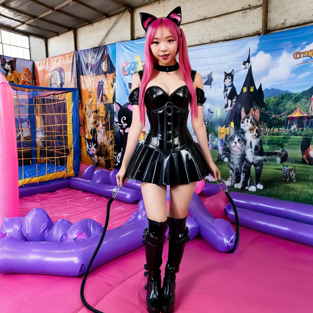  Asian slim  solo with pink hair, straight hair, slim model, Latex underbust corset 
,   Latex pleated skirt ,  Latex sleeve warmer ,  knee-high latex boots , Cat ears,  small breasts,  ,  bare breasts , Breasts visible, standing  
 , Bouncy castle, sextoy, rope in hand, crazy 
