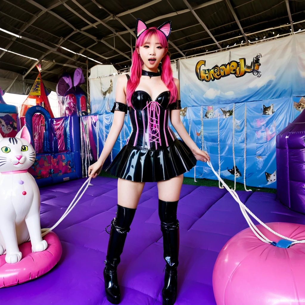  Asian slim teen solo with pink hair, straight hair, slim model, Latex underbust corset 
,   Latex pleated skirt ,  Latex sleeve warmer ,  knee-high latex boots , Cat ears,  small breasts,  ,  bare breasts , Breasts visible, standing  
 , Bouncy castle, sextoy, rope in hand, crazy 
