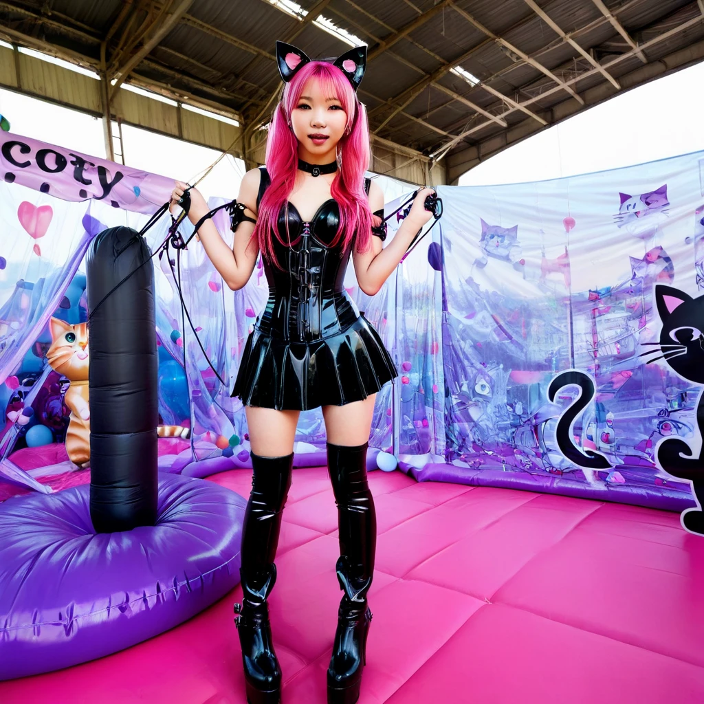  Asian slim  solo with pink hair, straight hair, slim model, Latex underbust corset 
,   Latex pleated skirt ,  Latex sleeve warmer ,  knee-high latex boots , Cat ears,  small breasts,  ,  bare breasts , Breasts visible, standing  
 , Bouncy castle, sextoy, rope in hand, crazy 
