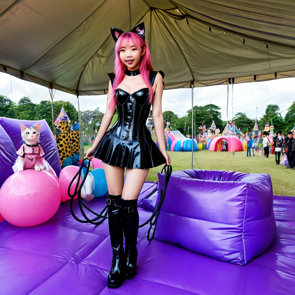  Asian slim  solo with pink hair, straight hair, slim model, Latex underbust corset 
,   Latex pleated skirt ,  Latex sleeve warmer ,  knee-high latex boots , Cat ears,  small breasts,  ,  bare breasts , Breasts visible, standing  
 , Bouncy castle, sextoy, rope in hand, crazy 
