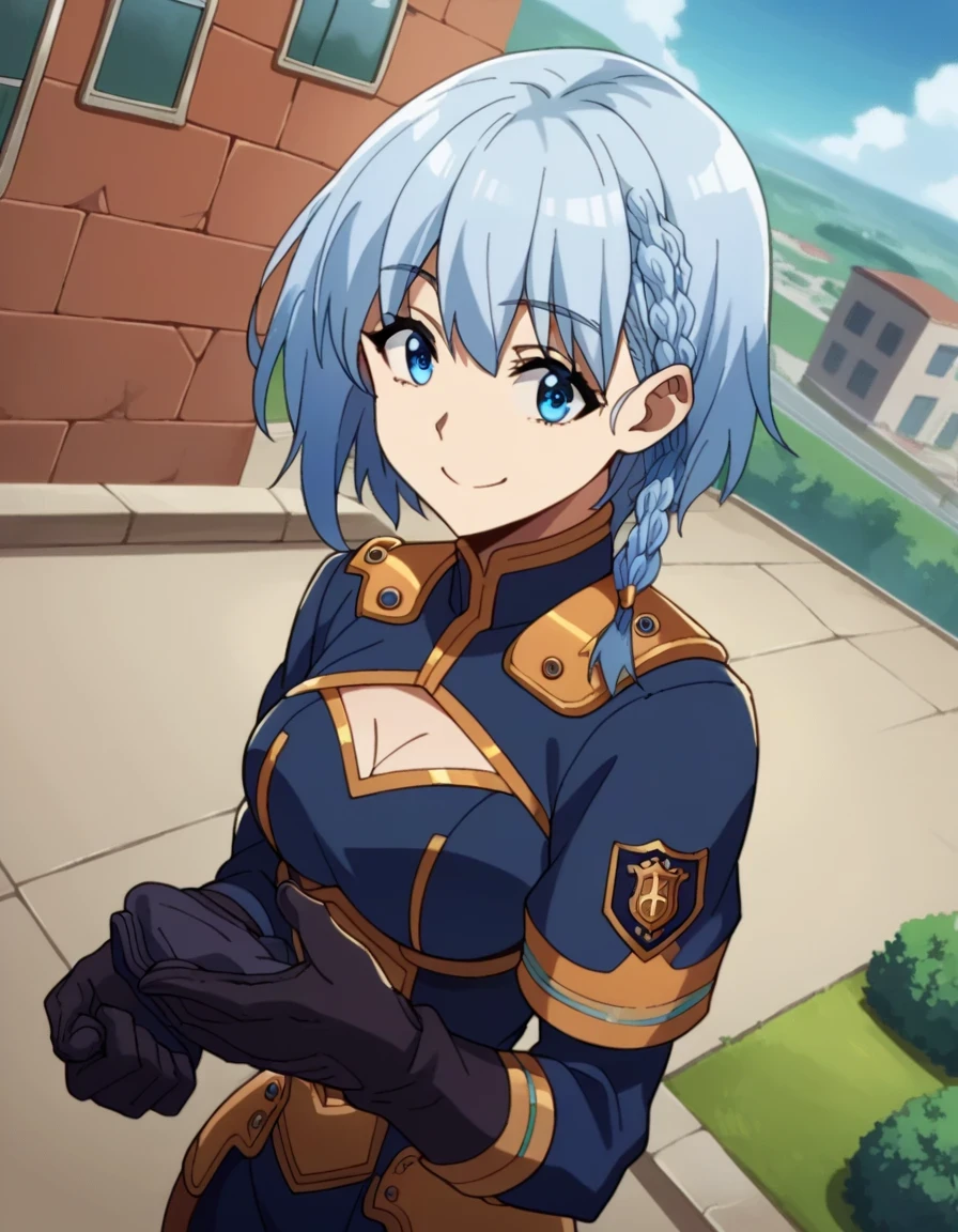  score_9,  score_8_above,  score_7_above,   source  _animated,
umber, beta,  short hair, Blue eyes, Braid, rests, smile,
Gloves, neckline, armor, clothing with , neckline cutout,
 outdoor, urban landscape, Evening, officer,
 looking at the spectator ,  cowboy shot,  Dutch angle ,