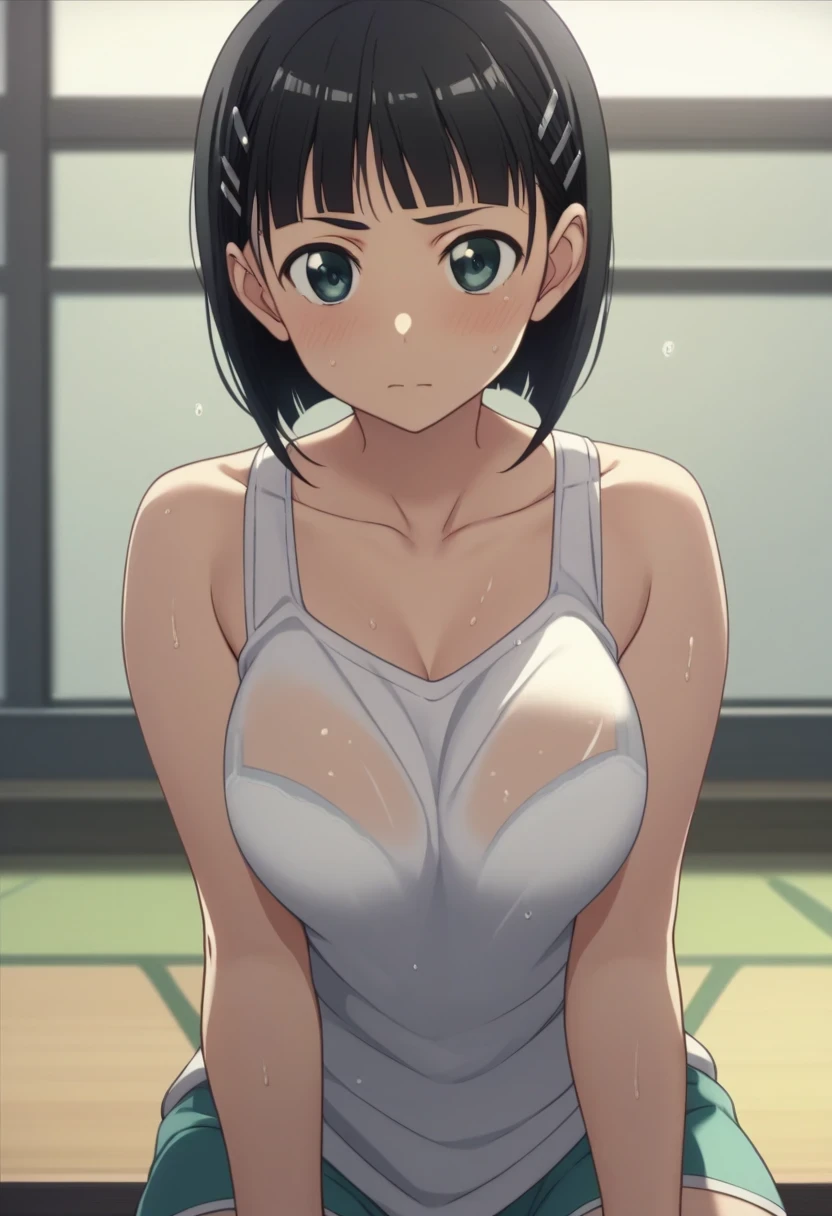 Best Quality、masterpiece、 girl１people、 short hair、Black Hair、Big Breasts、Re-suguha 、Kirihara Naoha 、 perfect body、tank top black、Bloomers、White Bra、gym、Bow　shirt mismatch 　Brasilia　Wet Shirt　Support your chest with your arms