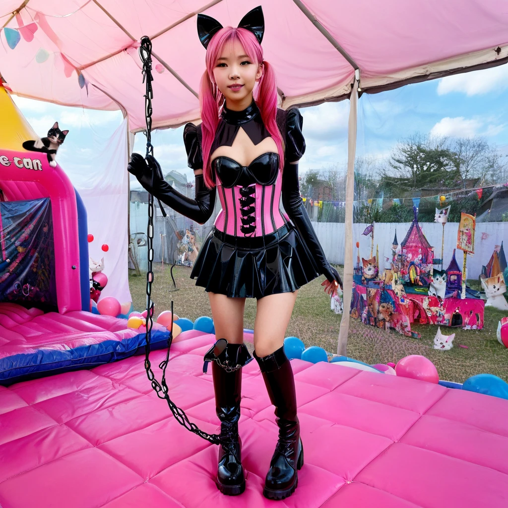  Asian slim teen solo with pink hair, straight hair, slim model, Latex underbust corset 
,   Latex pleated skirt ,  Latex sleeve warmer ,  knee-high latex boots , Cat ears,  small breasts,  ,  bare breasts , Breasts visible, standing  
 , Bouncy castle, sextoy, rope in hand, crazy 
