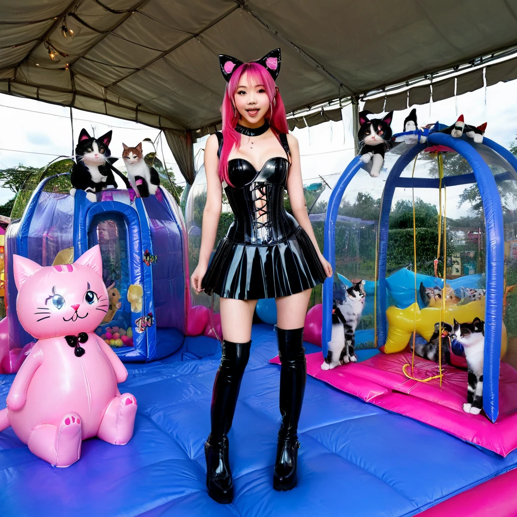  Asian slim  solo with pink hair, straight hair, slim model, Latex underbust corset 
,   Latex pleated skirt ,  Latex sleeve warmer ,  knee-high latex boots , Cat ears,  small breasts,  ,  bare breasts , Breasts visible, standing  
 , Bouncy castle, sextoy, rope in hand, crazy 
