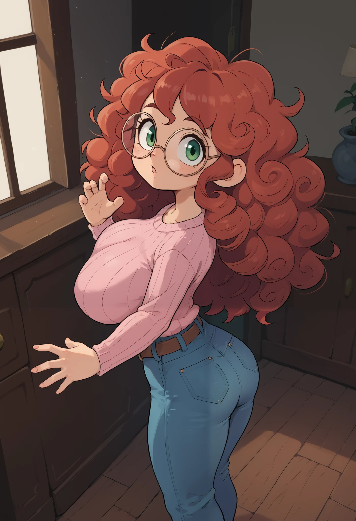Solo, young woman, short, cute face, small waist, tiny waist, red hair, curly hair, fluffy hair, long hair, green eyes, gigantic eyes, (large breasts), sagging breasts, medium butt, round glasses, indoors, pink tight sweater, denim jeans, brown belt, dynamic pose, pov from above, looking up at you
