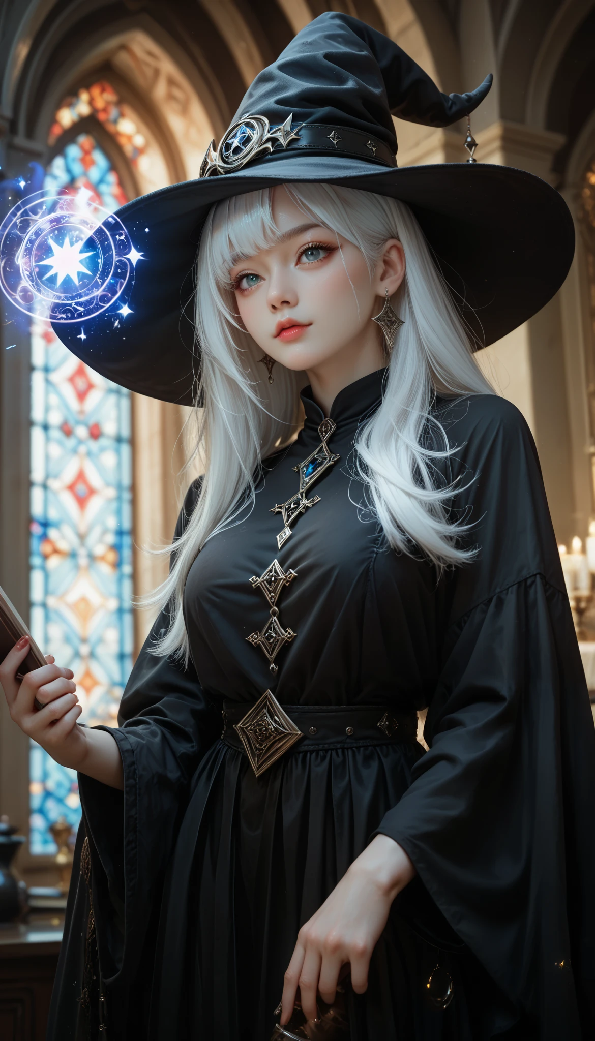 ultra high definition , 8k, Korean girl ,witch hat, black robe,Kara shirt, big boobs , best quality , White hair, magic사, magic