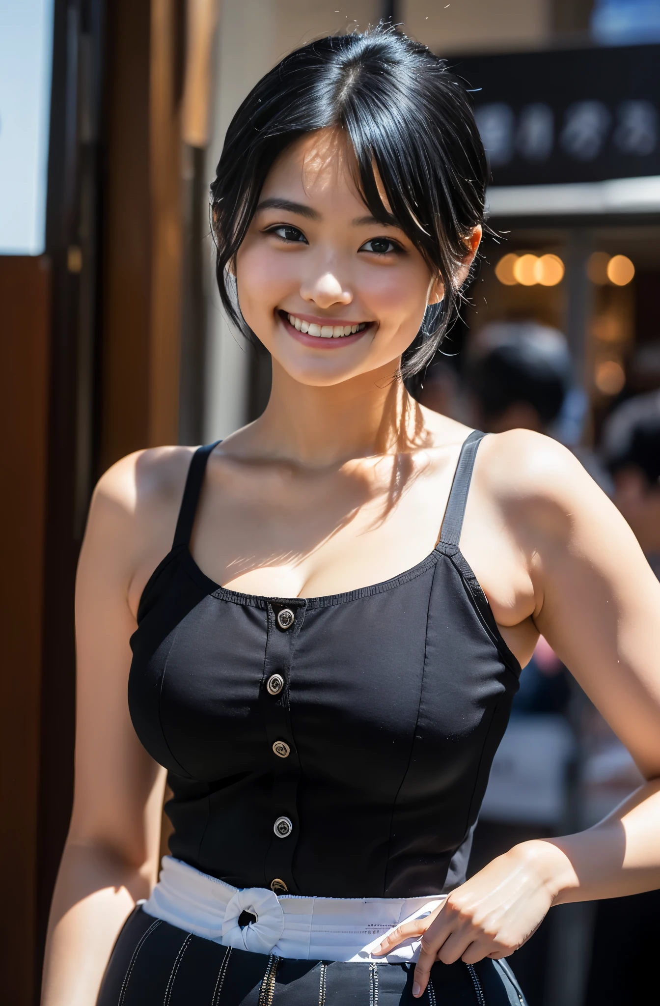 （8k、Raw photography、Best Quality、masterpiece：1.2),(Black Hair、Dark Eyes:1.9),(:1.5)、 viewers,Front View,(ショートヘアー:1.4)、(Tight waist:1.6)、(Clothes that accentuate the shape of the breasts:1.6)、(Big Breasts :1.6)、 Slim Body 、 ultra high resolution,beautiful,beautiful fece,(One person、No background:1.9),whole bodyボディー, Japanese Women,（reality的：1.37）、 photon mapping ,reality、(****-faced and cute: 1.1)、(cute smile: 1.8)、(Round face: 1.7)、 radiosity 、 Physically Based Rendering、Depth-of-field rally background、photograph, (no background:1.8),（:1.2）,whole body、 Great Quality 