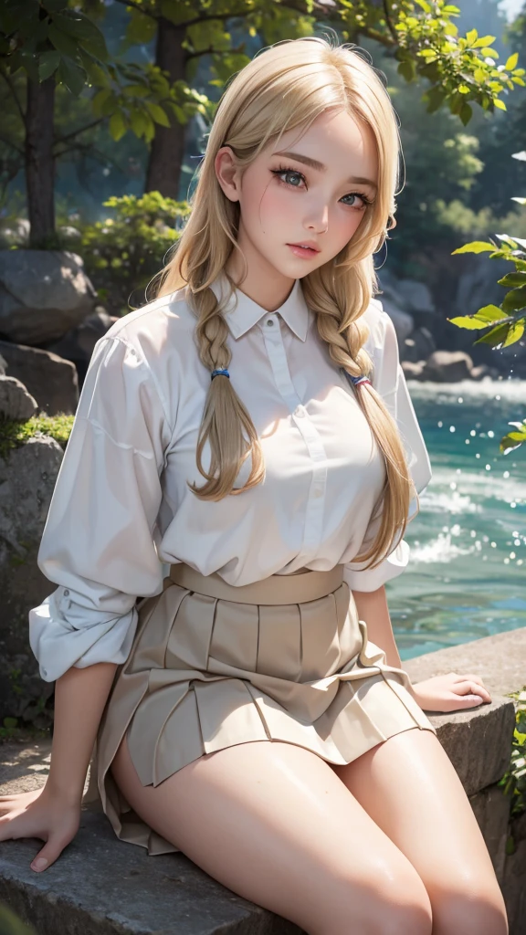 anime, best quality, high quality, highres, beautiful women, tanned gyaru, blonde hair, high detail, good lighting, lewd, hentai, (((wearing equestrian outfit and pants))), (((riding boots))), nice legs, (((wetting herself))), (((peeing herself))), (((peeing self))), pee streaming down legs, peeing stain, (puddle), (thick thighs), nice long legs, lipstick, detailed face, pretty face, seductive face, aroused, sexually excited, ((at a creek))