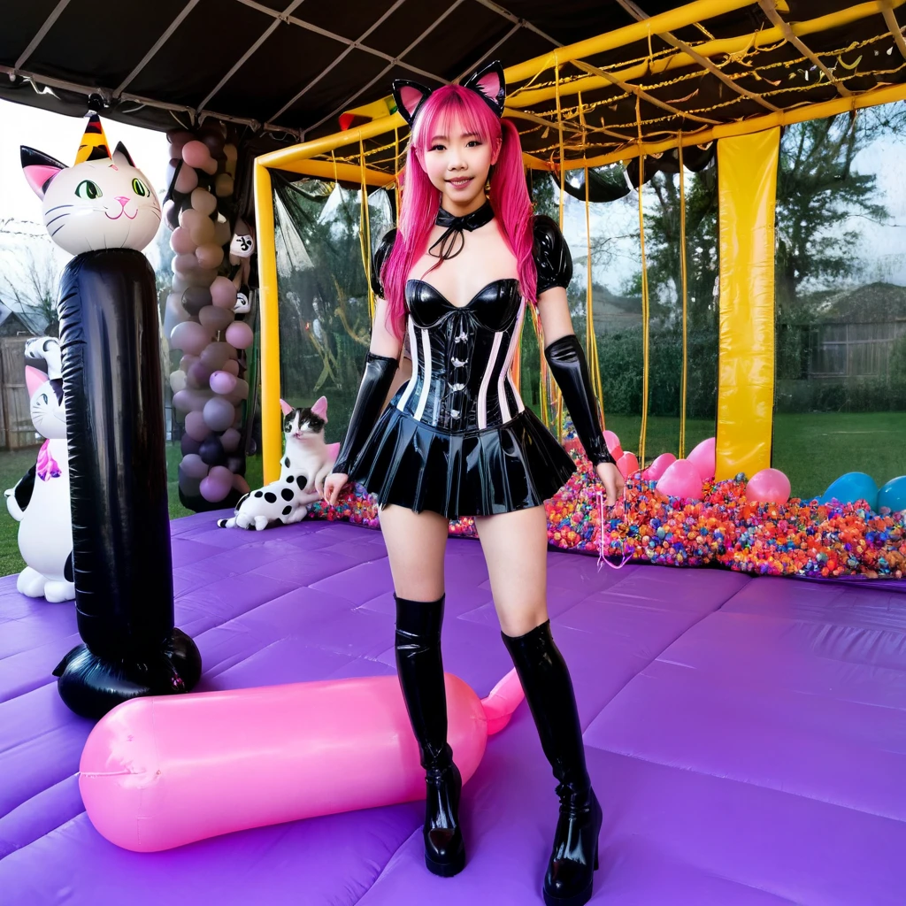  Asian slim  solo with pink hair, straight hair, slim model, Latex underbust corset 
,   Latex pleated skirt ,  Latex sleeve warmer ,  knee-high latex boots , Cat ears,  small breasts,  ,  bare breasts , Breasts visible, standing  
 , Bouncy castle, sextoy, rope in hand, crazy 
