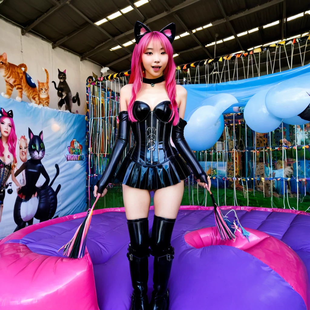  Asian slim teen solo with pink hair, straight hair, slim model, Latex underbust corset 
,   Latex pleated skirt ,  Latex sleeve warmer ,  knee-high latex boots , Cat ears,  small breasts,  ,  bare breasts , Breasts visible, standing  
 , Bouncy castle, sextoy, rope in hand, crazy 
