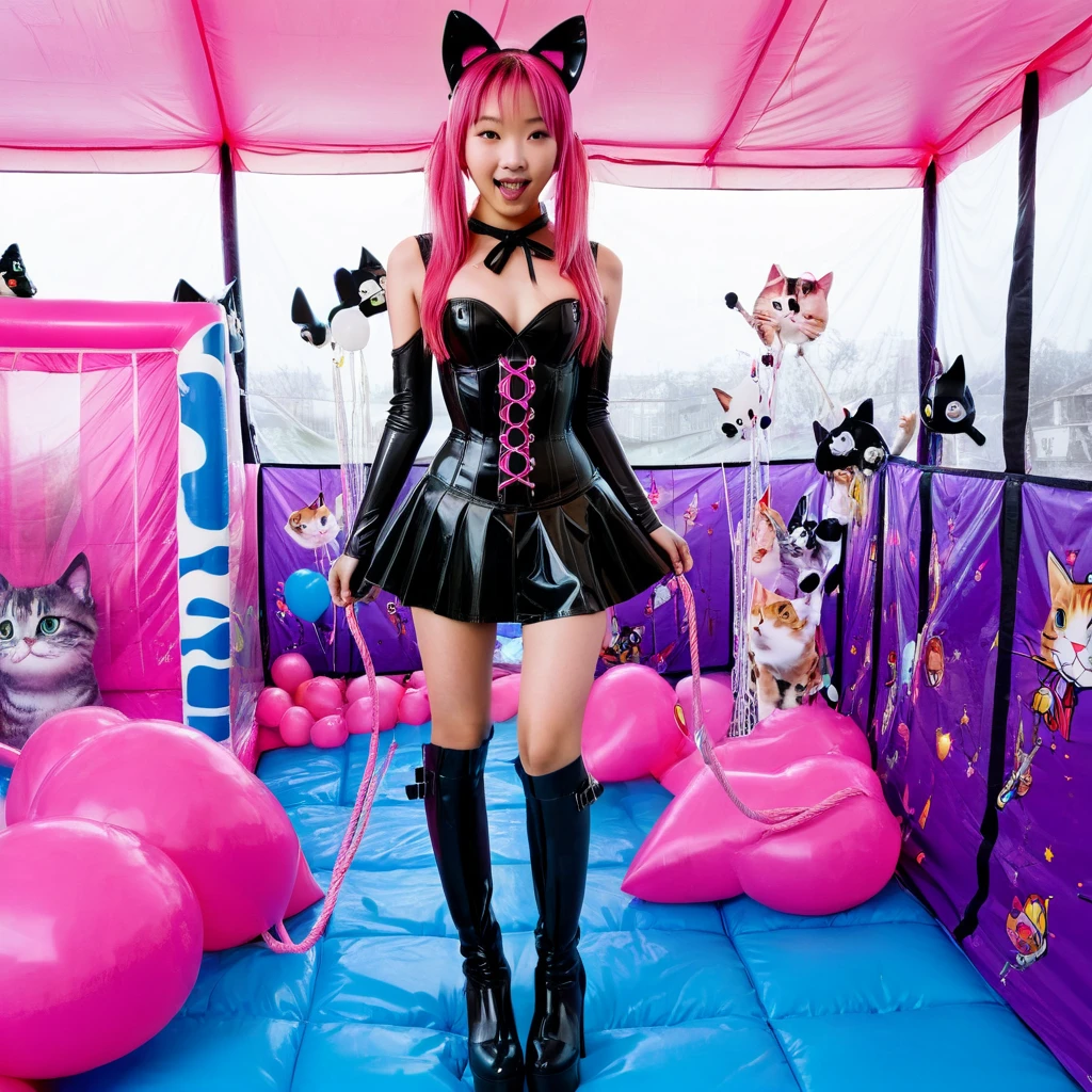  Asian slim  solo with pink hair, straight hair, slim model, Latex underbust corset 
,   Latex pleated skirt ,  Latex sleeve warmer ,  knee-high latex boots , Cat ears,  small breasts,  ,  bare breasts , Breasts visible, standing  
 , Bouncy castle, sextoy, rope in hand, crazy 
