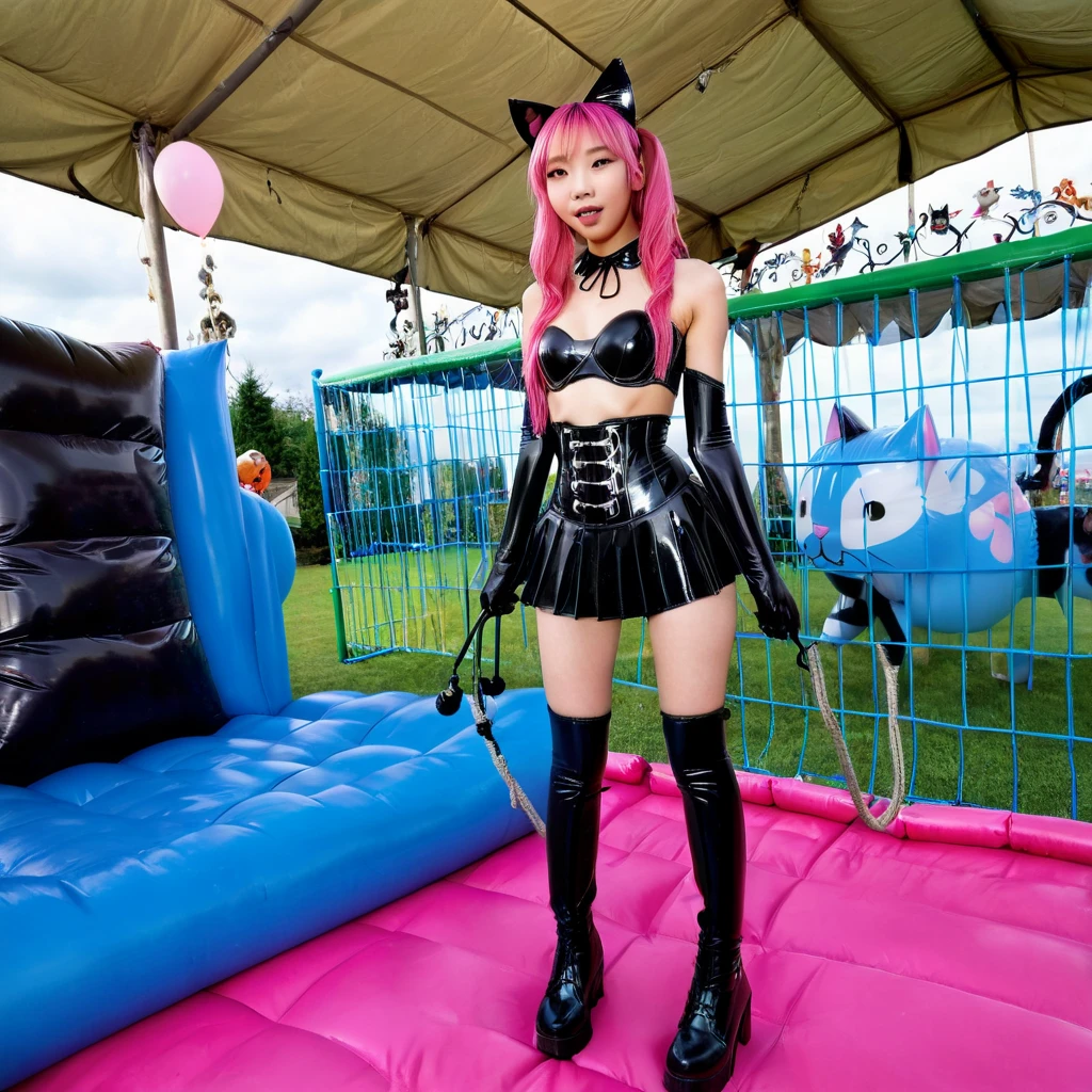  Asian slim teen solo with pink hair, straight hair, slim model, Latex underbust corset 
,   Latex pleated skirt ,  Latex sleeve warmer ,  knee-high latex boots , Cat ears,  small breasts,  ,  bare breasts , Breasts visible, standing  
 , Bouncy castle, sextoy, rope in hand, crazy 
