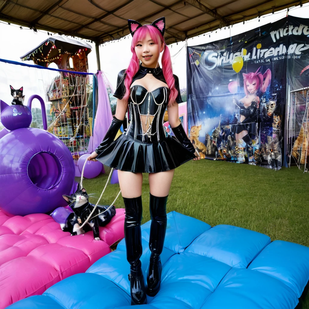  Asian slim teen solo with pink hair, straight hair, slim model, Latex underbust corset 
,   Latex pleated skirt ,  Latex sleeve warmer ,  knee-high latex boots , Cat ears,  small breasts,  ,  bare breasts , Breasts visible, standing  
 , Bouncy castle, sextoy, rope in hand, crazy 
