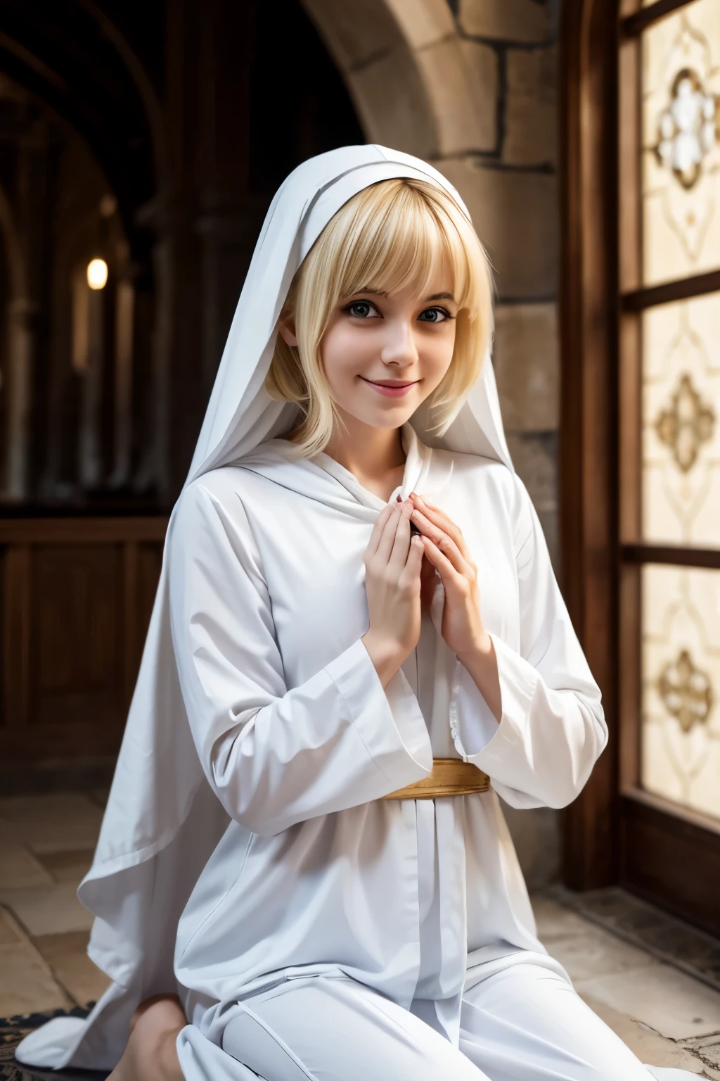 Italian Beautiful Girl、Blonde Hair、With bangs、Green Eyes、smile、Beautiful breasts、Slim body、Monastic uniform、Nuns、Standing before the cross、In the church