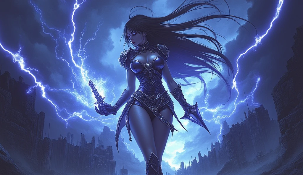((masterpiece, best quality)), (extremely detailed CG unity 8k wallpaper), realistic style, solo, one((female)), sorceress, mulatto dark elf/high elf, long pointy ears, charcoal grey colored skin, tanned, very long hair, black hair, (panda two-tone hairstyle), large silvery-white streaks in hair, ponytail, dark amethyst bluish purple irises/eyes, extremely detailed eyes, long eyelashes, upturn eyes, upturn brows, smirk smile, firm round large breasts, cleavage, midriff, athletic build, Attire: Gothic/Tribal style, earrings, finger rings, iridescent chrome tiara/headdress with jewels, iridescent chrome studded leather armor, a sexy Metallic Purple colored sheer silk bikini top, a sexy Metallic Purple colored sheer silk double side split skirt bottom, mid-thigh high black leather, Area setting: dark fantasy style, tanjoreai dark forest clearing, wielding a magical rapier in her right hand, full body view, Viewer POV: Front, (centered, Scale to fit dimensions, Rule of thirds), electrical storm in sky, lightning, windy, cinematic lighting. one body, good hands/perfect hands, good fingers/perfect fingers.