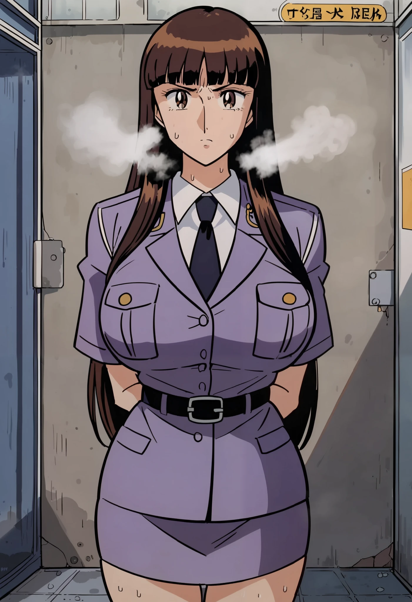 score_9, score_8_up, score_7_up, source_anime, BREAK, absurdres, masterpiece, official art, (1girl), kochikame, Maria, brown hair, long hair, brown eyes, (collar shirt, necktie, purple police uniform, purple skirt), long hair, bangs, hairy pussy, BREAK, (ultra huge breasts, ultra huge tits, ultra huge cleavages, ultra huge boob), (nsfw:1.3, sweat bodies:1.35, steam:1.5), abandoned building, concrete floor, concrete walls, (dark atmosphere, dark interior, dark room), serious face, tied up hands by handcuffs, tied up wrists by handcuffs, look at viewer,