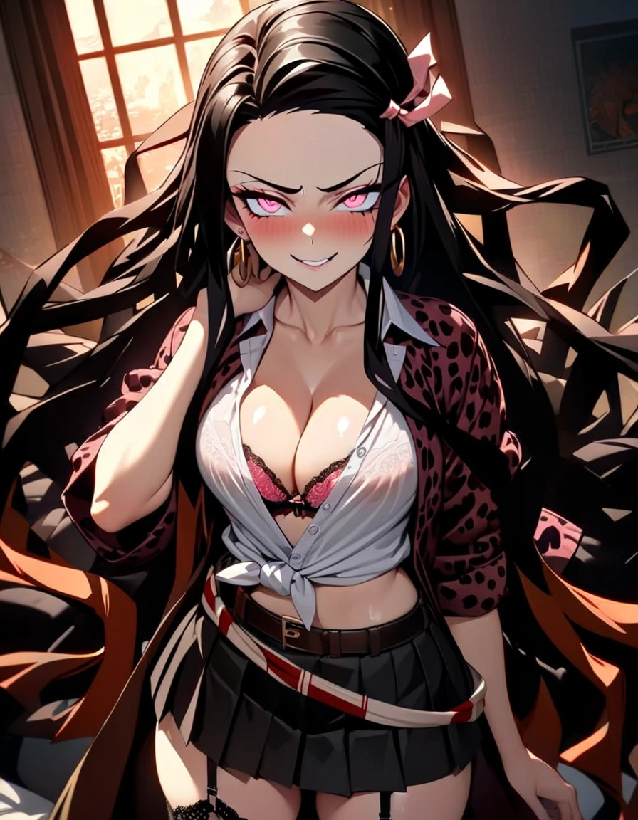 solo, female, long messy black hair, wavy hair, red eyes, black wolf ears, black wolf tail, extremely tall woman, large breasts, dog collar and leash, broad shoulders, black furry claws, furry forearms, black and red kimono, forest, close up, red mascara, cleavage:0.3, pet play, unhinged smile, fangs, yandere, huge woman, holding leash, submissive, wolf girl, strong, looking at viewer, pinup pose, romantic, taller than viewer, close up, blush, muscular, from below
