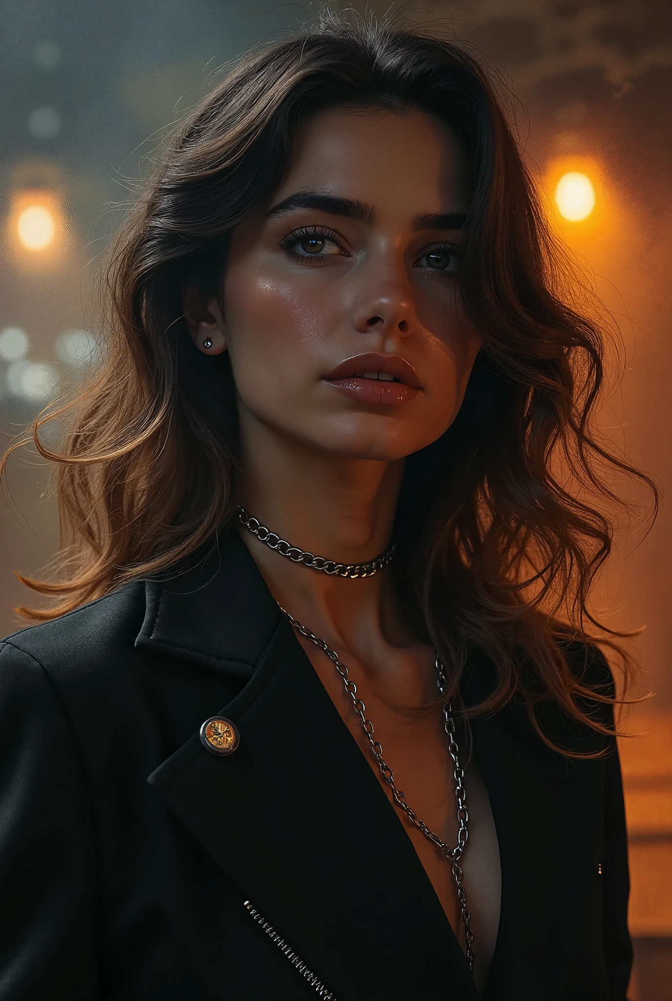 female vogue model 35yo with pale skin, beautiful evil slavic muscular woman, pale skin, long light brown hair, sleek hair, strong make-up, pat mcgrath-style, wearing boris bidjan saberi, 1990s vogue-style, setting is an artsy, ad-magazine-style, style indoor environment dark and stunning, atmosphere is dim, dreamlike, dark ambiance.