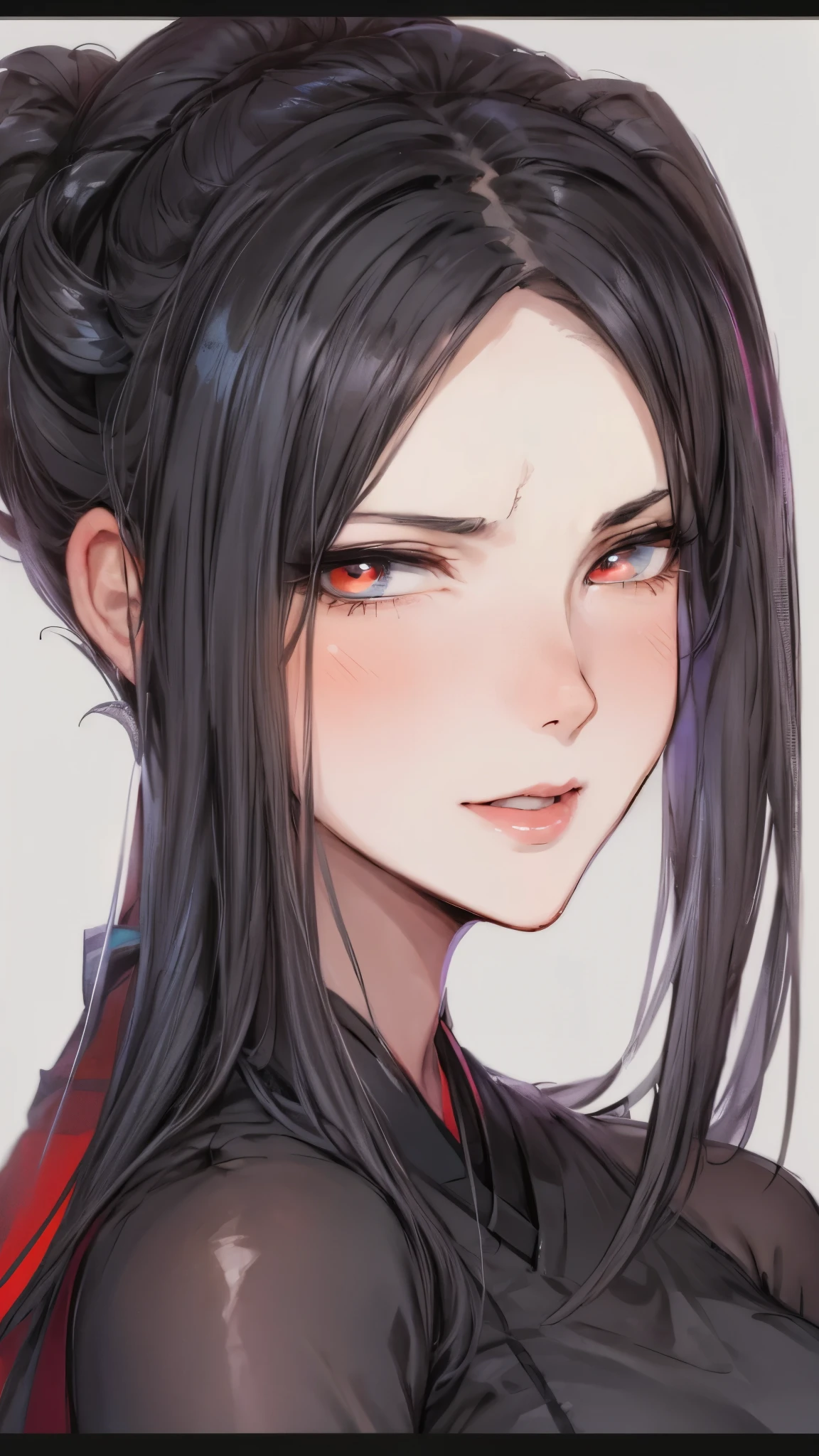 professional artwork, complex parts, field of view, Sharp Focus, Detailed painting, Photorealistic lighting, Trends on Pixiv, standing, Side_orgasm, long black hair, sleek low bun, voluminous hair, red eyes, draw up, 20 years, mature woman, pale skin, Beautiful fingers, Beautiful long legs, beautiful body, Beautiful nose, Beautiful character design, perfect detail eyes, perfect face, look at the viewer, formal art, extremely detailed CG Unity 8k wallpaper, perfect lighting, colorful, bright_FRONT_face_Light masterpiece: 1.0), (Best_Quality: 1.0), сверхa high resolution, Ultra detail, Hyper detail, photographic, 8K, HDR, a high resolution, absurd: 1.2, Kodak Portrait 400, granularity , blurred background, hips: 1.2, highlight correctly_color: 1.2) (Beautiful, big_pectoral muscles: 1.4), (Beautiful_face: 1.5), (narrow_waist), (solo: 1.4), ( (Upper body, half of the body:1,4) ), sort, the girl is dressed in black hanfu, against the background of the night sky, blood moon in the sky, girl is dressed in hanfu, full black hanfu,