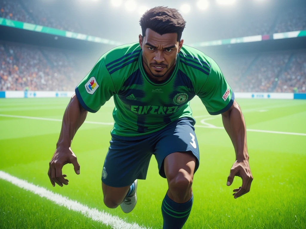 Créer une image create an image of a players like video games wearing a jersey with green dark bleu colors on a pitch