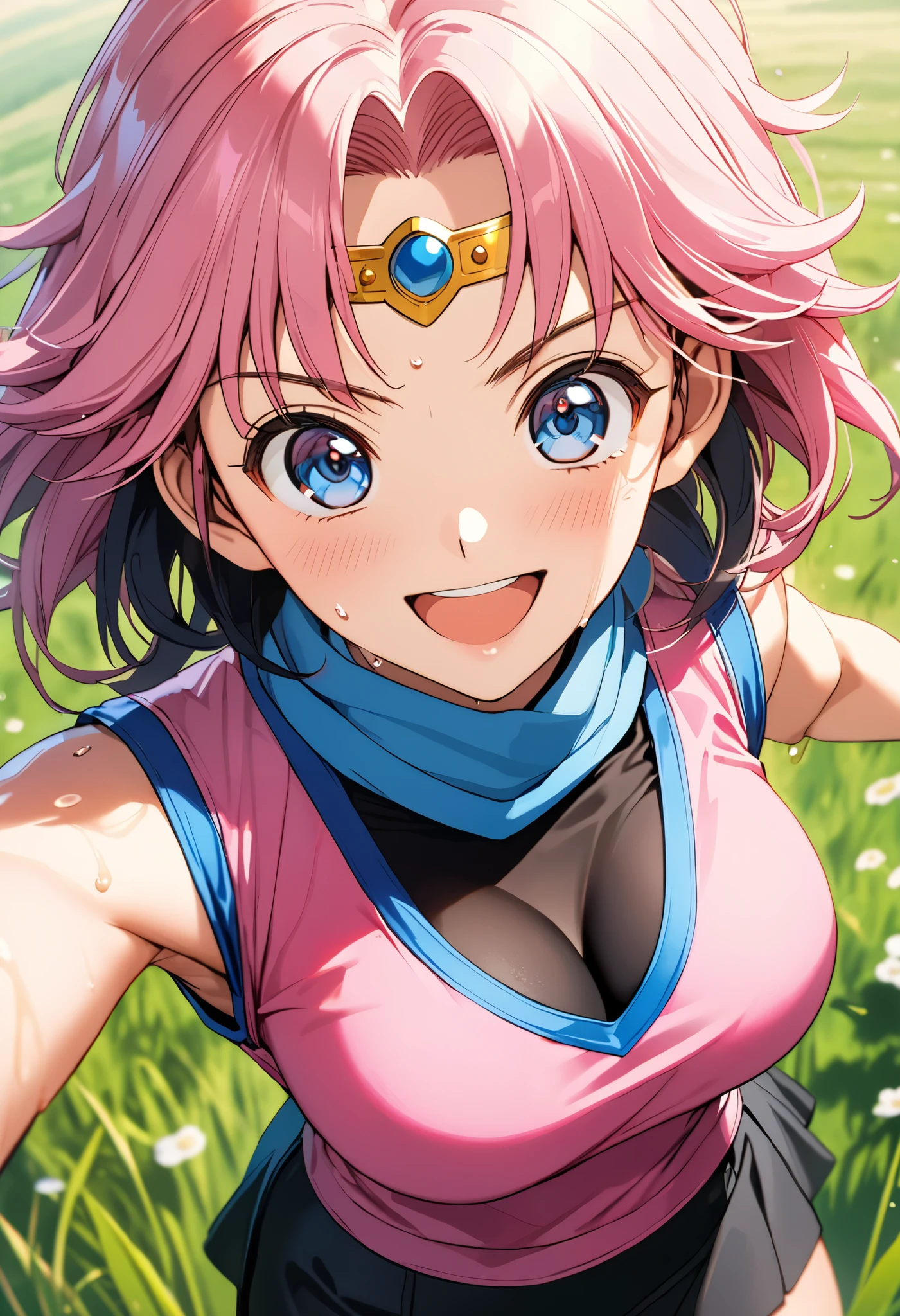 masterpiece, Best Quality, High resolution,16k,official art,super detailed skin,detailed,animated painting, (Maam of dragonquest:1.3),1990s \(style\),(pink vest,blue muffler,black inner shirt,black mini skirt:1.3)、(E-cup beautiful breasts)、clevage, (tall:1.2),height: 170cm,Fashion model body type、Sweating all over the body、vapor、(Muscular:1.2)、1girl,solo,(sexy),nsfw,Sweaty、Configuration from the front、happy,big laugh,Anime-style painting style,pink hair,short wavy hair,simple circlet,Close up on upper body,from above,Cinematic lighting,Superfine,in the grassland,morning,(sexy),extreme closeup,blue eyes