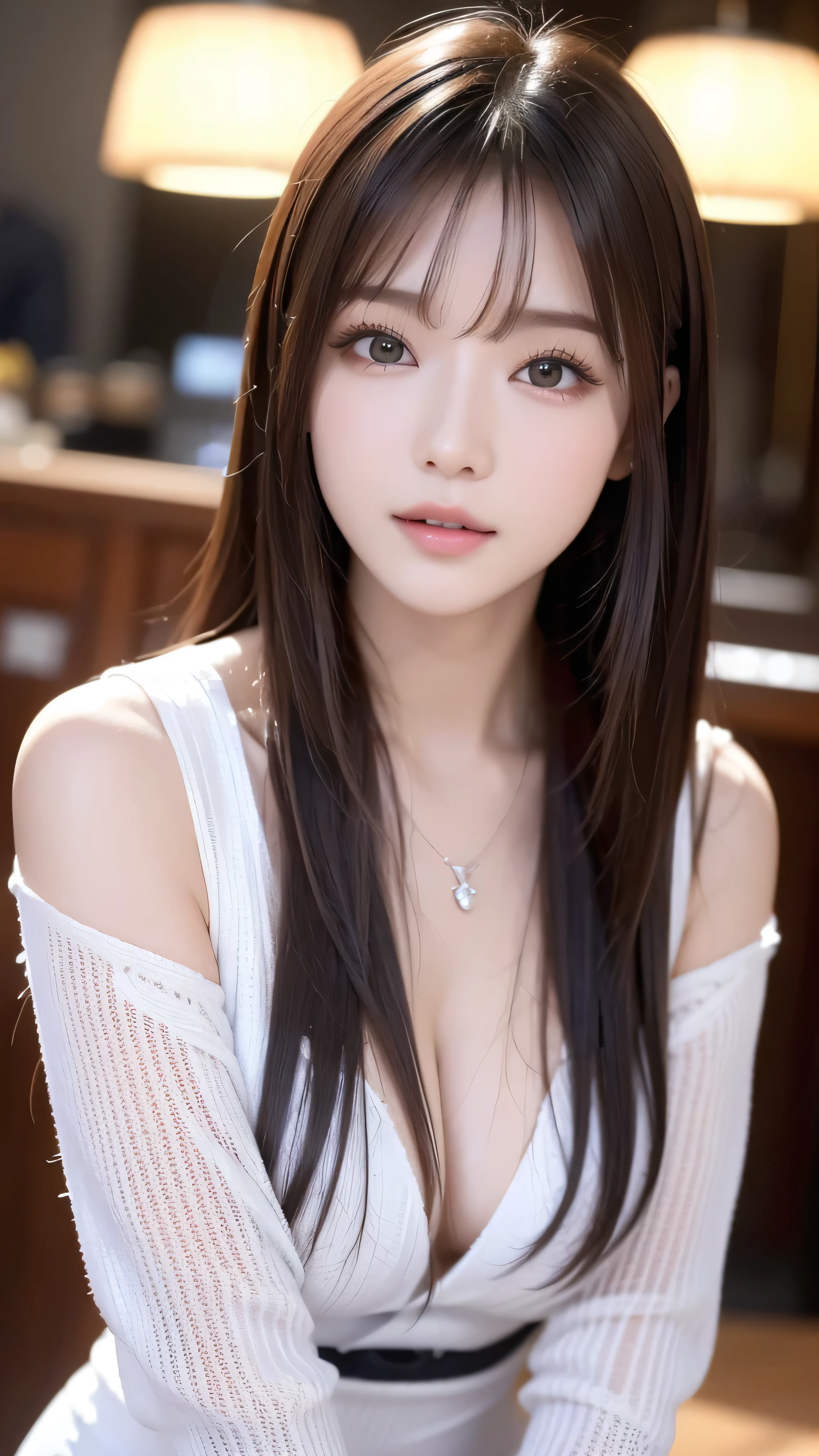 masterpiece、 Please tell me about 1 beautiful girl、 detailed eyes、Swollen eyes、 best quality , 超A high resolution, (Realism: 1.4), cinematlic lighting、 Japanese 、 Asian Beauties、 SUPER BEAUTY、 Beautiful skin、Slender、Body facing forward、( super realistic)、( high resolution)、(8k)、(、 very detailed on trends)、( beautiful eyes with great attention to detail)、( super detailed )、 (wall-)、 detailed face 、 bright lighting 、 Professional Lighting、 viewers、 facing the front、( costume is a knitted dress )、 long hair, hair is disheveled , asymmetrical bangs , 、 Night Scene、 tea hair、Japan is an idol、 Korean idol、 hposing gravure idol 、、、 is tall, smile, Park view、
