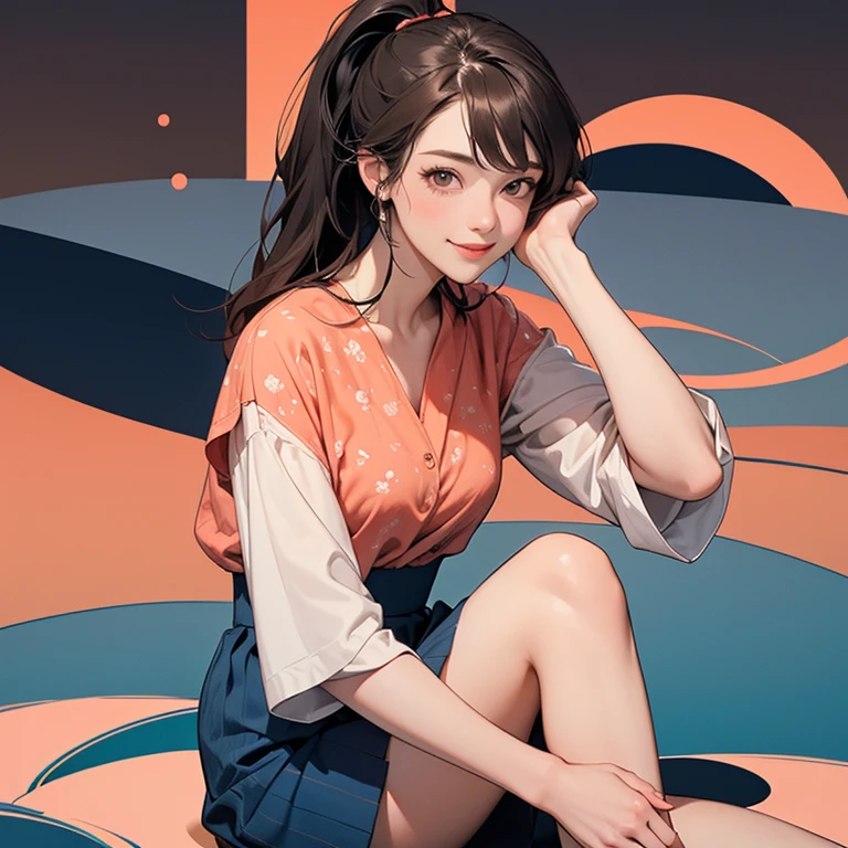 Dusk, full body, smile, Outdoors,  orbital space, simple background, 青いnull, short hair, null, temple, watching the audience, I'm sitting on the stairs, village, Soft light best quality,4K,Superb work,super realistic,photo-realistic,HDR,studio lighting for women,Superb Paintings,high resolution,clear focus,Realistic,rich colors,Bokeh