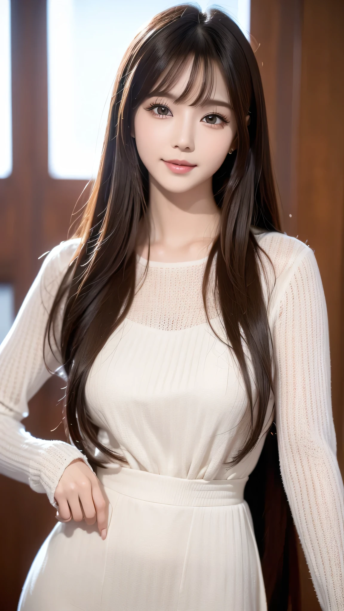 ​masterpiece、 Please tell me about 1 beautiful girl、 detailed eyes、Swollen eyes、 best quality , 超A high resolution, (Realism: 1.4), cinematlic lighting、 Japanese 、 Asian Beauties、 SUPER BEAUTY、 Beautiful skin、Slender、Body facing forward、( super realistic)、( high resolution)、(8k)、(、 very detailed on trends)、( beautiful eyes with great attention to detail)、( super detailed )、 (wall-)、 detailed face 、 bright lighting 、 Professional Lighting、 viewers、 facing the front、( costume is a knitted dress )、 long hair,  hair is disheveled ,   asymmetrical bangs  , 、 Night Scene、 tea hair、Japan is an idol、 Korean idol、 hposing gravure idol 、、、 is tall, smile, Park view、