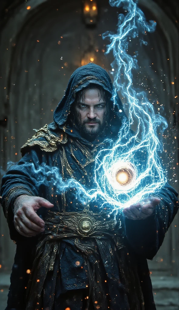 Stocky muscular mage, almost 2 meters tall, with dark green eyes, broad-shouldered, exposed hairy chest, handsome and masculine. Charming. He kept his beard well trimmed. Thick moustache. Medieval clothing. He cast a spell that create a vortex of icy wind and thundery fire from his hands. Epic, ethereal, otherworldly.