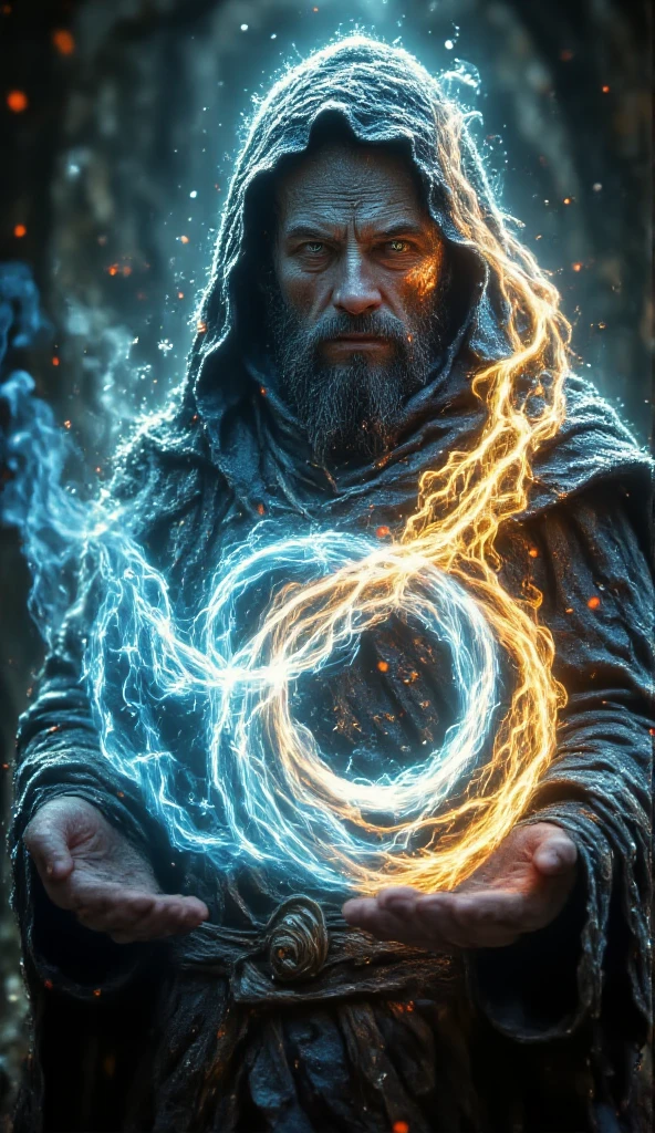 Stocky muscular mage, almost 2 meters tall, with dark green eyes, broad-shouldered, exposed hairy chest, handsome and masculine. Charming. He kept his beard well trimmed. Thick moustache. Medieval clothing. He cast a spell that create a vortex of icy wind and thundery fire from his hands. Epic, ethereal, otherworldly.