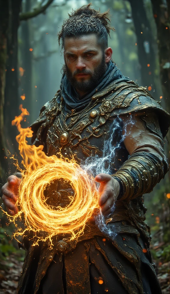 Stocky muscular mage, almost 2 meters tall, with dark green eyes, broad-shouldered, exposed hairy chest, handsome and masculine. Charming. He kept his beard well trimmed. Thick moustache. Medieval clothing. He cast a spell that create a vortex of icy wind and thundery fire from his hands. Epic, ethereal, otherworldly.