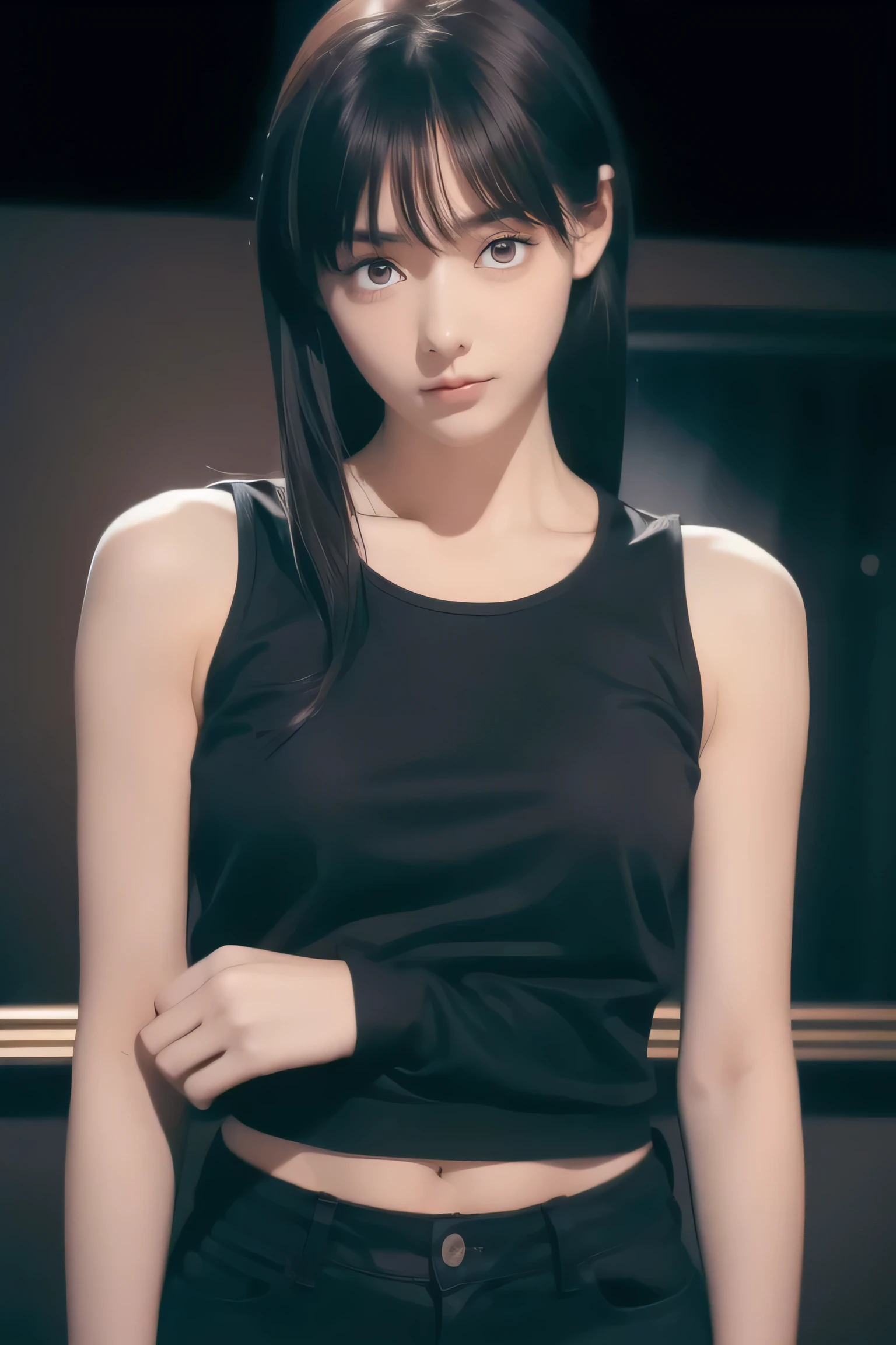 ((((Obra maestra, La mejor calidad, ultrahigh resolution)))), a clear view of a happy looking girl standing in a club waiting for someone)), (black t-shirt, jean shorts, black hair, long dark black hair), pale skin, ((brown eyes)), (glowing_eyes), ((ultra detailed eyes:0.7, beautiful and detailed face, detailed eyes:0.9)), ((centered)), ((over joyed expression)), ((wide shot)), facing viewer, ((indoor , purple and black lights, black dancing silhouettes:0.9)), medium breasts, looking at viewer, ((perfect hands)), (((head:1, arms, mid section, hands, elbows, thighs, in view))), lively eyes, beautiful lighting, background, ((defined subject)), 25 years old, (head tilt), (((cool))), ((lively)), (((chic pose)))