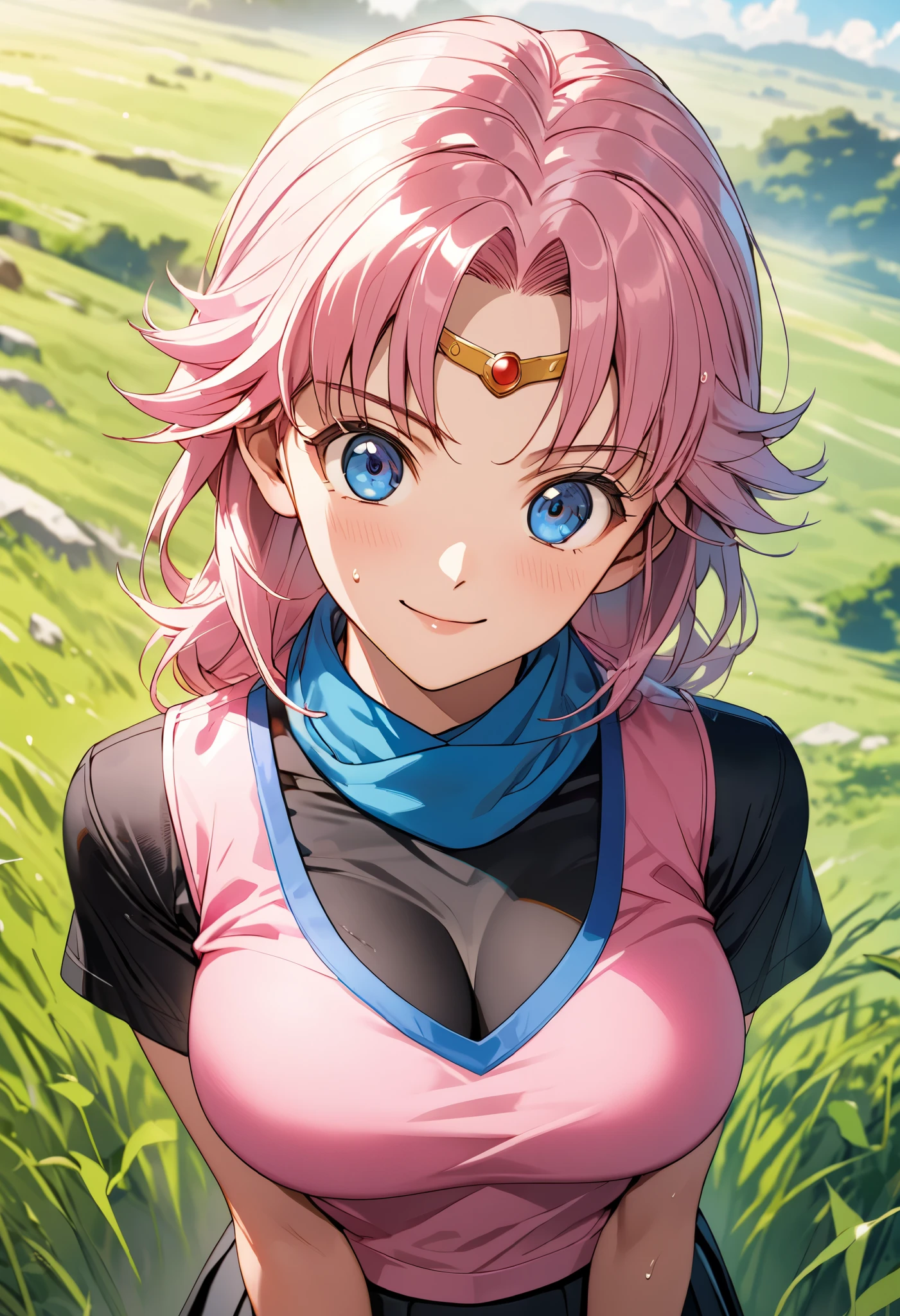 masterpiece, Best Quality, High resolution,16k,official art,super detailed skin,detailed,animated painting, (Maam of dragonquest:1.3),1990s \(style\),(pink vest,blue muffler,black inner shirt,black mini skirt:1.3)、(E-cup beautiful breasts)、clevage, (tall:1.2),height: 170cm,Fashion model body type、Sweating all over the body、vapor、(Muscular:1.2)、1girl,solo,(sexy),nsfw,Sweaty、Configuration from the front、cool face,light smile,Anime-style painting style,pink hair,short wavy hair,simple circlet,Close up on upper body,from above,Cinematic lighting,Superfine,in the grassland,morning,(sexy),extreme closeup,blue eyes
