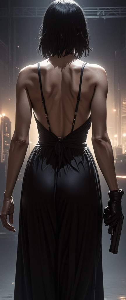 (masterpiece:1.2,EXCEPTIONAL QUALITY ,Mirror Finish , Cinematic Experience),8k,16k, wallpaper,( backless dress:2.0),( Female Assassin :2.0),( Black Dress with Empty Back :2.0),( and hold up your gun:2.0),(Nikita Style :2.0),( sexy:2.0),( back view:2.0),( Turn Around :2.0),(Short Hair:2.0),( beautiful women:2.0),(風に揺れる髪の毛), she's thick and curvy, she's realistic, she's a spy, she's haves a big ass,big body,she haves a big hammer, she's strong