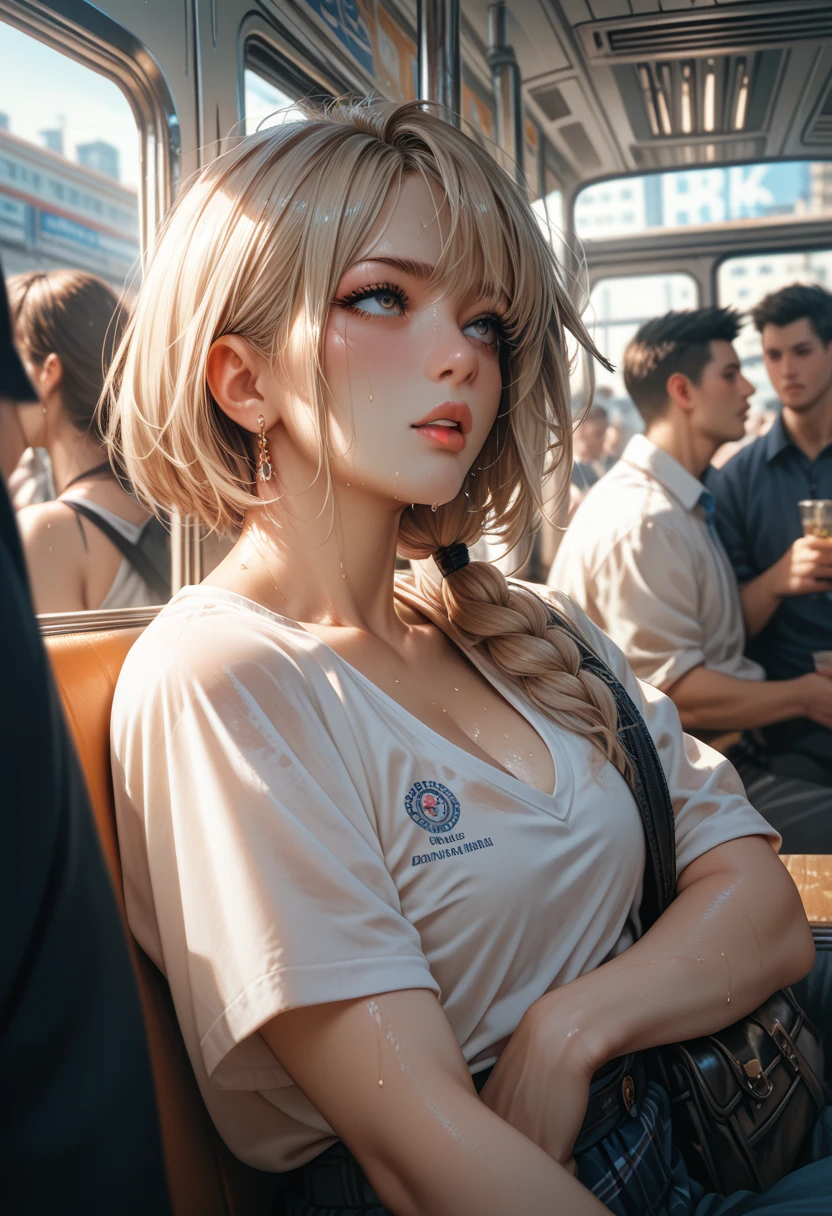 (A very beautiful woman takes off her clothes on a crowded train.) (Wearing a plummeting ?????????? of white silk: 1.5.) 40k, pictures, masterpieces, top quality, dark gray background, ((1 girl blue eyes and gorgeous bright blonde hair)). Beautiful Caucasian woman with soft ??????? and white skin, different poses. ((Big: 1.2)), ((Very soft ???????)), Super detailed face, Detailed eyes. At crowded stations. (She is wet).