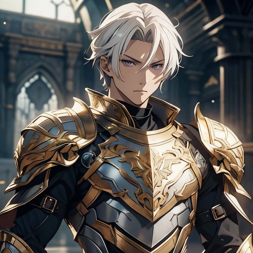 A grown man alone. 25 years. full body costume. Short and straight hair of the color white. Light gold fighting armor, with . a kind look. purple eyes. brilliant. detailed eyes . kind face