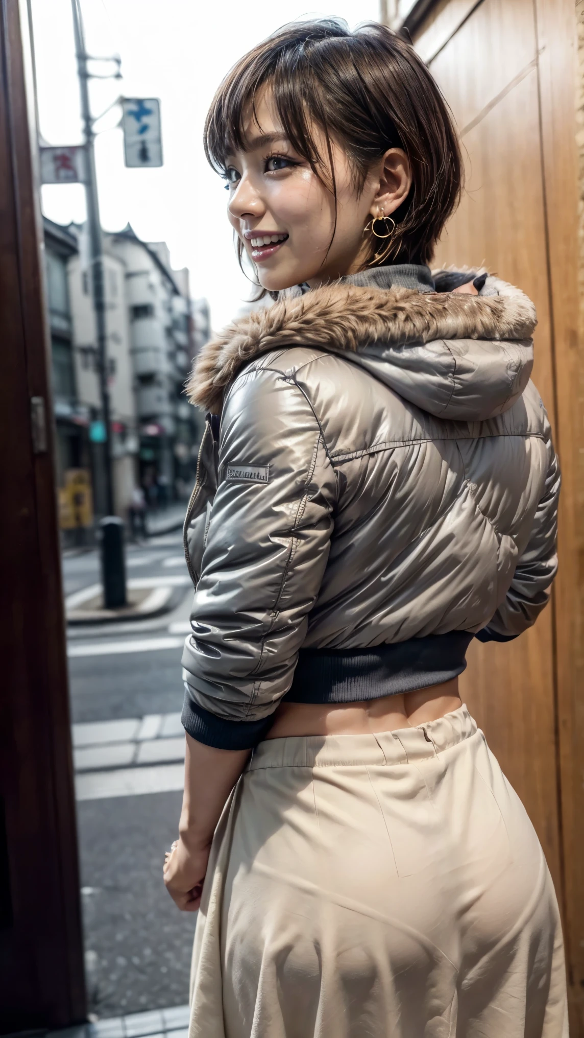 (Wear a winter Tokyo Street :1.3)、(( and turn around))、(( down jacket:1.3))、(( long length skirt:1.5))、(mermaidskirt)、(p_line:1.5)、(Panty lines are visible:1.5)、( realistic、 as pictured 、live-action、8k, realistic, RAW photos, Highest Image Quality : 1.4), Single Lens Reflex Camera、 RAW photos, best quality , realistic, Highly Detailed CG Unity 8K Wallpaper, detailed borders, Cinematic Light, lens flare, ray tracing, realistic background、( very short hair )、(( super dense skin ))、 ((whole body:1.5))、( squint and laugh、 big smile)、 pay attention to the details 、Perfect outfit、(( earrings))、( white skin)、Accurate Arm、Accurate legs、 Accurate Human Anatomical Body 、Accurate fingering、(( rear view))